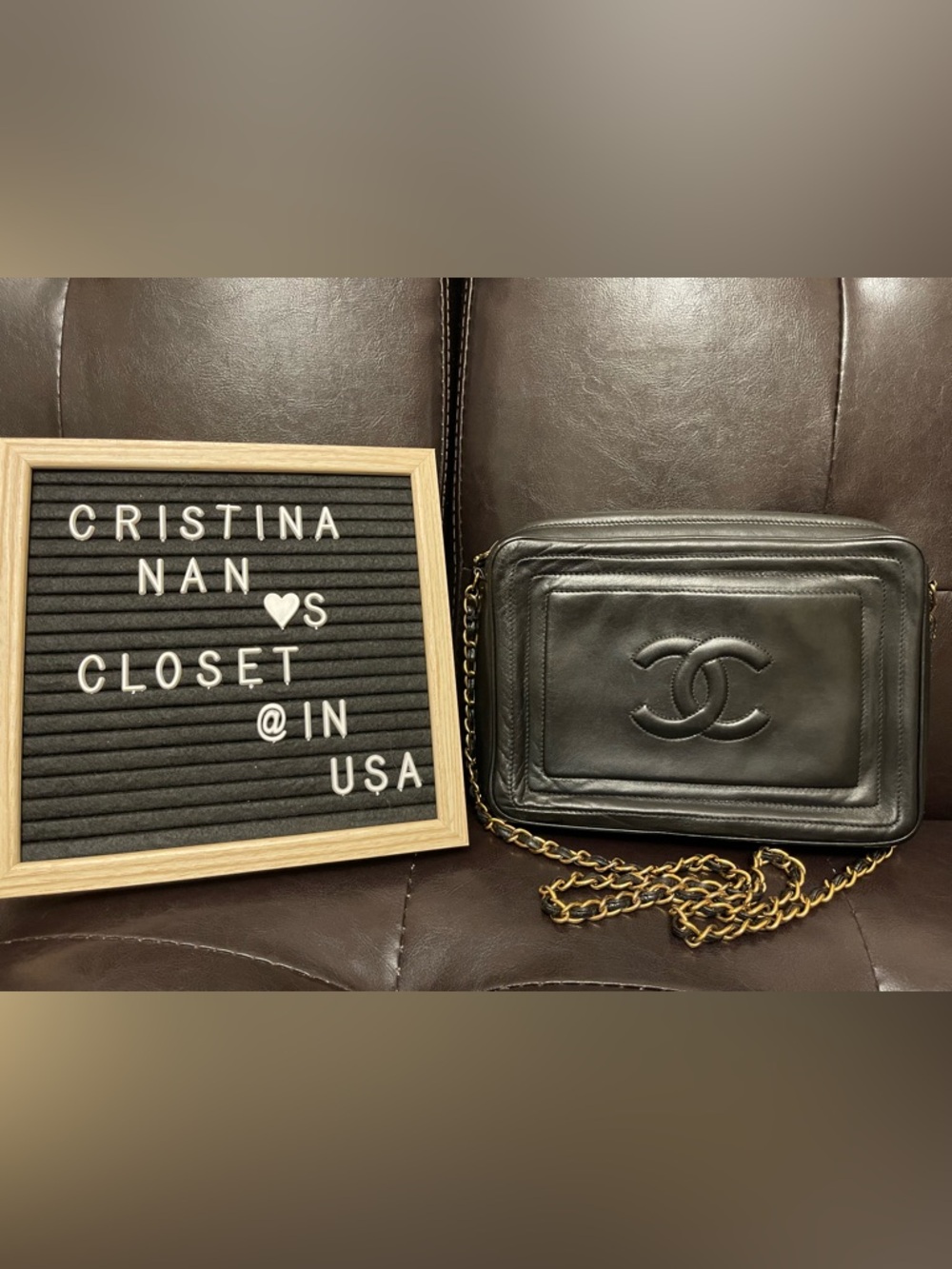 CHANEL Black Lambskin Camera Bag with Gold Chain Strap